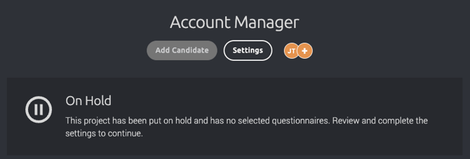 Refapp project On Hold status bar showing no questionnaire selected
