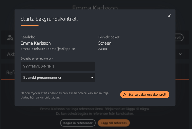 Starta bakgrundskontroll - fyll i personnummer